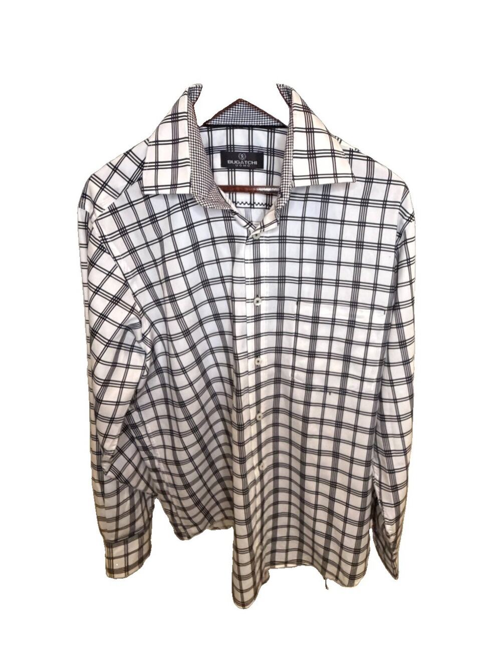 Bugatchi Uomo Mens [SIZE] Black White Windowpane Plaid Button Up Shirt